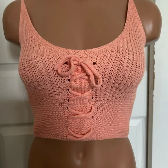 Peach Lace-Up Ribbed Knit Crop Top brand new Size Medium M - Picture 2 of 3